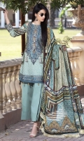 Three Piece, Shirt Fabric: Digital printed Embroidered Lawn, Includes: Front, Back, Sleeves, Digital Printed Crinkle Chiffon Dupatta, Dyed Cotton Trouser.