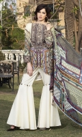 Three Piece, Shirt Fabric: Digital printed Embroidered Lawn, Includes: Front, Back, Sleeves, Digital Printed Crinkle Chiffon Dupatta, Dyed Cotton Trouser.