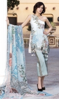 Three Piece, Shirt Fabric: Digital printed Embroidered Lawn, Includes: Front, Back, Sleeves, Digital Printed Crinkle Chiffon Dupatta, Dyed Cotton Trouser. Three Piece, Shirt Fabric: Digital printed Embroidered Lawn, Includes: Front, Back, Sleeves, Digital Printed Crinkle Chiffon Dupatta, Dyed Cotton Trouser.