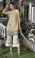 Three Piece, Shirt Fabric: Digital printed Embroidered Lawn, Includes: Front, Back, Sleeves, Digital Printed Crinkle Chiffon Dupatta, Dyed Cotton Trouser.