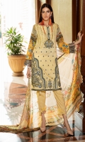 Digital Printed Embroidered Lawn Front 1.14 M Digital Printed Lawn Back 1.14 M Embroidered Patch For Front Daman 1 M Digital Printed Lawn Sleeves 0.67 M Sleeves Embroidered Patch 1 M Digital Printed Crinkle Chiffon Dupatta 2.5 M Dyed Cotton Trouser 2.5 M