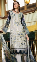 Digital Printed Embroidered Lawn Front 1.14 M Digital Printed Lawn Back 1.14 M Embroidered Patch For Front Daman 1 M Digital Printed Lawn Sleeves 0.67 M Sleeves Embroidered Patch 1 M Digital Printed Crinkle Chiffon Dupatta 2.5 M Dyed Cotton Trouser 2.5 M