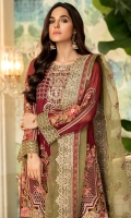 Embroidered Crinkle Chiffon Front 1 M Dyed Crinkle Chiffon Back 1 M Embroidered Neckline Patch 1 Pc Embroidered Patch A For Front 1 M Embroidered Patch B For Front 1 M Embroidered Crinkle Chiffon Sleeves 0.67 M Sleevs Embroidered Patch 1 M Embroidered Organza Dupatta 2.5 M Dyed Silk Trouser 2.5 M