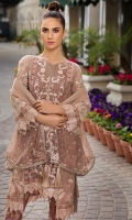 Embroidered Crinkle Chiffon Center Panel & Side Panel Front 1 M Dyed Crinkle Chiffon Back 1 M Embroidered Patch For Front & Back 2 M Embroidered Crinkle Chiffon Sleeves 0.67 M Embroidered Patch For Sleeves 1 M Embroidered Crinkle Chiffon Dupatta & Palu Patch 2.5 M Dyed Silk Trouser 2.5 M