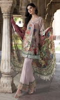 Three Piece, Shirt Fabric: Digital Printed Karandi, Includes: Front, Back, Sleeves, Digital Printed Tissue Silk Dupatta, Dyed Karandi Trouser, With Embroidered Patches.