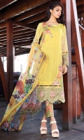 Three Piece, Shirt Fabric: Embroidered Lawn, Includes: Front, Back, Sleeves, Embroidered Pure Crinkle Chiffon Dupatta, Embroidered Cotton Trouser.