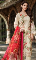 Embroidered Lawn Front 1 M Dyed Lawn Back 1 M Embroidered Patch For Daman Front & Back 2 M Dyed Lawn Sleeves 0.67 M Sleeves Embroidered Patch 1 M Digital Printed Tissue silk Dupatta 2.5 M Dyed Cotton Trouser 2.5 M Trouser Embroidered Patch 2 M