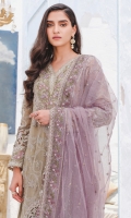 Embroidered Crinkle Chiffon Front 1.15 M Dyed Crinkle Chiffon Back 1.15 M Neckline Embroidered Patch 1 M Neckline Embroidered Patch 1 Pc Embroidered Patch A For Front Daman 1 M (No Laser Cut) Embroidered Patch B For Front Daman 0.92 M  Embroidered Crinkle Chiffon Sleeves 0.67 M Sleeves Embroiderd Patch 1 M Sleeves Embroiderd Patch 2 Pc Embroidered NET Dupatta 2.5 M Embroidered Dupatta Pallu Patch 2 Side 2.31 M Dyed Silk Trouser 2.5 M