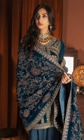 Embroidered Velvet Front 1.14 M Dyed Velvet Back 1.14 M Embroidered Patch For Front Daman 2 Pc Embroidered Patch For Front & Back Daman 1.84 M Embroidered Patch For Front & Back Right & Left 2.77 M Dyed Velvet Sleeves 0.67 M Sleeves Embroidered Patch 0.92 M Embroidered Velvet Shawl 2.5 M Dupatta Embroidered Pallu Patch 4 Side 7.2 M Dyed Silk Trouser 3 M