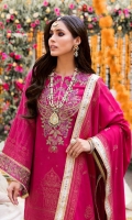 Dyed Jacquard Front 1.14 M Dyed Jacquard Back 1.14 M Neckline Embroidered Patch 1 Pc Embroidered Patch A For Front Daman 1 M Embroidered Patch B For Front Daman 0.77 M Dyed Jacquard Sleeves 0.67 M Sleeves Embroiderd Patch 1.5 M Dyed Jacquard Dupatta 2.5 M Dyed Silk Trouser 3 M