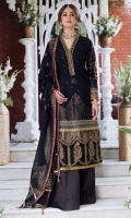 Dyed Jacquard Front 1.14 M Dyed Jacquard Back 1.14 M Neckline Embroidered Patch 1 M Embroidered Patch A For Front Daman 1 M Embroidered Patch B For Front Daman 1 M Dyed Jacquard Sleeves 0.67 M Sleeves Embroiderd Patch A 1 M Sleeves Embroiderd Patch B 2 Pc Dyed Jacquard Dupatta 2.5 M Dupatta Embroidered Pallu Patch 2 Side 4.62 M Dyed Silk Trouser 3 M
