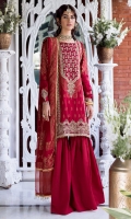 Dyed Jacquard Front 1.14 M Dyed Jacquard Back 1.14 M Neckline Embroidered Patch 1 Pc Embroidered Patch A For Front Daman 0.9 M Embroidered Patch B For Front Daman 2 M Dyed Jacquard Sleeves 0.67 M Sleeves Embroiderd Patch A 1 M Sleeves Embroiderd Patch B 2 Pc Dyed Jacquard Dupatta 2.5 M Dyed Silk Trouser 3 M