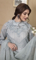 Embroidered Pure Crinkle Chiffon Front 1 M Embroidered Pure Crinkle Chiffon Back 1 M Embroidered Patch A For Front Right & Left 2 Pc Embroidered Patch B For Daman Front 1 Pc Embroidered Patch C For Front & Back 2 M Neckline Embroidered Patch 1 Pc Embroidered Pure Crinkle Chiffon Sleeves 0.67 M Sleeves Embroidered Patch 1 M Embroidered Fancy Organza Dupatta With Palu Patch 2.5 M  Dyed Silk Trouser 2.5 M Trouser Embroidered Patch 1 M Dyed Shirt Lining 1.5 M