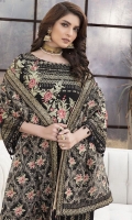 Embroidered Pure Crinkle Chiffon Front 1 M Embroidered Pure Crinkle Chiffon Back 1 M Embroidered Patch For Daman Front & Back 2 M Embroidered Pure Crinkle Chiffon Sleeves 0.67 M Sleeves Embroidered Patch 1 M Embroidered Net Dupatta 2.5 M Embroidered Dyed Silk Trouser 2.5 M Dyed Shirt Lining 1.5 M