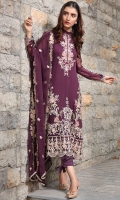 Embroidered Crinkle Chiffon Front 1 M Crinkle Chiffon Back 1 M Embroidered Neckline Patch 1 Pc Embroidered Patch For Front & Back 2 M Embroidered Crinkle Chiffon Sleeves 0.67 M Embroidered Crinkle Chiffon Dupatta 2.5 M Dyed Silk Trouser 2.5 M