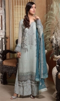 Embroidered Crinkle Chiffon Front 1 M Crinkle Chiffon Back 1 M Embroidered Patch A For Front & Back 2 M Embroidered Patch B For Front & Back 2 M Embroidered Crinkle Chiffon Sleeves 0.67 M Sleevs Embroidered Patch A 1 M Sleevs Embroidered Patch B 1 M Embroidered Crinkle Chiffon Dupatta 2.5 M Embroidered Silk Trouser 2.5 M