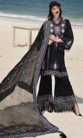 Three Piece, Balochi & Sindhi Fusion Art Embroidered Lawn Shirt With Hand Embelished Neckline Coupled With Four Sided Embroidered Crinkle Chiffon Dupatta & Cambric Embroidered Trouser