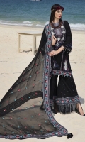 Three Piece, Balochi & Sindhi Fusion Art Embroidered Lawn Shirt With Hand Embelished Neckline Coupled With Four Sided Embroidered Crinkle Chiffon Dupatta & Cambric Embroidered Trouser