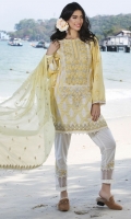 Three Piece, Chikan Embroidered Lawn Shirt With Embroidered Accessories Coupled With Embroidered Crinkle Chiffon Dupatta & Dyed Cambric Trouser With Embroidered Patch