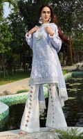 Three Piece, Chikan Embroidered Lawn Shirt With Embroidered Accessories Coupled With Embroidered Crinkle Chiffon Dupatta & Dyed Cambric Trouser With Embroidered Patch