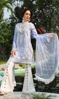 Three Piece, Chikan Embroidered Lawn Shirt With Embroidered Accessories Coupled With Embroidered Crinkle Chiffon Dupatta & Dyed Cambric Trouser With Embroidered Patch