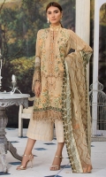 Digital Printed Embroidered Lawn Front 1 M Digital Printed Lawn Back 1 M Embroidered Patch A For Daman Front & Back 2 M Embroidered Neckline Patch 2 M Digital Printed Chiffon Sleeves 0.67 M Sleeves Embroidered Patch 1 M Embroidered Net Dupatta 2.5 M Dupatta 2 Side Printed Patch 5 M Dyed Jacquard Trouser 2.5 M