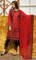 Embroidered Lawn Front 1 M Dyed Lawn Back 1 M Embroidered Patch A For Daman Front & Back 2 M Neckline Hand Embellished Patch 1 Pc Embroidered Lawn Sleeves 0.67 M Embroidered Crinkle Chiffon Dupatta 2.5 M Dyed Cotton Trouser 2.5 M Trouser Embroidered Patch 1 M