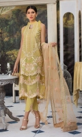 Embroidered Lawn Front 1 M Dyed Jacquard Lawn Back 1 M Embroidered Patch A For Daman Front 2 M Jacquard Lawn Sleeves 0.67 M Sleeves Embroidered Patch 1 M Embroidered Net Dupatta 2.5 M Dyed Cotton Trouser 2.5 M