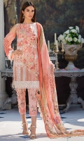 Digital Printed Embroidered Lawn Front 1 M Digital Printed Lawn Back 1 M Embroidered Patch A For Daman Front & Back 2 M Digital Printed Embroidered Chiffon Sleeves 0.67 M Printed Crinkle Chiffon Dupatta With Embroidered Palu Patch 2.5 M Digital Printed Cotton Trouser 2.5 M Trouser Embroidered Patch 1 M