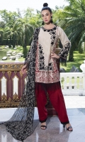 Three Piece, Shirt Fabric: Embroidered Lawn, Includes: Front, Back, Sleeves, Embroidered Bemberg Crinkle Chiffon Dupatta, Dyed Cotton Trouser.