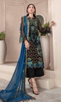 Embroidered Crinkle Chiffon Front 1 M Embroidered Crinkle Chiffon Back 1 M Embroidered Patch For Daman Front & Back 2 M Embroidered Crinkle Chiffon Sleeves 0.67 M Embroidered Crinkle Chiffon Dupatta 2.5 M Dyed Silk Trouser 2.5 M Trouser Embroidered Patch 2 M