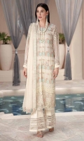 Embroidered Crinkle Chiffon Front 1 M Embroidered Crinkle Chiffon Back 1 M Neckline Embroidered Patch 1 Pc Embroidered Patch For Daman Front 1 M Embroidered Patch For Daman Back 2 M Embroidered Crinkle Chiffon Sleeves 0.67 M Embroidered Crinkle Chiffon Dupatta 2.5 M Dupatta Embroidered Pallu Patch 2 Side Dyed Silk Trouser 2.5 M Trouser Embroidered Patch 2 M
