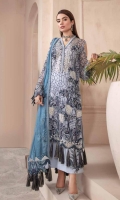 Embroidered Crinkle Chiffon Front 1 M Embroidered Crinkle Chiffon Back 1 M Neckline Embroidered Patch A 1 M Neckline Embroidered Patch B 1 M Embroidered Patch For Daman Front 1 M Embroidered Crinkle Chiffon Sleeves 0.67 M Sleeves Embroiderd Patch 1 M Embroidered Crinkle Chiffon Dupatta 2.5 M Dupatta Embroidered Pallu Patch 2 Side Dyed Silk Trouser 2.5 M Trouser Embroidered Patch 2 Pc