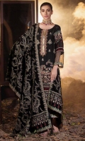 Embroidered Silk Front 1 M Dyed Silk Back 1 M Embroidered Patch A For Front & Back 2 M Embroidered Patch B For Front & Back 2 M Neckline Embroidered Patch 1 Pc Embroidered Silk Sleeves 0.67 M Sleeves Embroidered Patch 1 M Embroidered Velvet Shawl & Velvet Palu Patch 2.5 M Dyed Silk Trouser 2.5 M Trouser Embroidered Patch 2 M