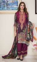 Three Piece, Shirt Fabric: Linen, Includes: Front, Back, Sleeves, Digital Printed Shawl, Dyed Linen Trouser.