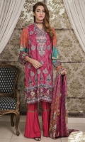 Three Piece, Shirt Fabric: Linen, Includes: Front, Back, Sleeves, Digital Printed Shawl, Dyed Linen Trouser.