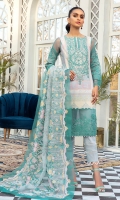 Lawn Printed Front  Lawn Printed Back  Lawn Printed Sleeves  Check Embroidered Organza Dupatta  Damn Border Patch  Sleeve Patch  Neck Patch  Plain Cotton Trouser