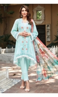 Lawn Embroidered Shirt  Organza Embroidered Front Border  Organza Embroidered Sleeves Border  Digital Printed Chiffon Dupatta  Dyed Trouser