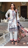 Lawn Embroidered Shirt  Organza Embroidered Front Border  Organza Embroidered Sleeves Border  Digital Printed Chiffon Dupatta  Dyed Trouser