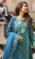 -Embroidered khaddar for front and sleeves -Embroidered neckline -Embroidered khaddar for back -Embroidered border for front and back -Embroidered border for sleeves -Crochet lace for finishing -Embroidered Khaddar shawl -Embroidered lace for shawl -Dyed khaddar for trouser -Silk buttons for finishing