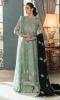 This modern peshwaas in the most ravishing shade of mint green is delicately embellished for an uber feminine look. This sophisticated ensemble is certainly meant for all ages. Pair it with a matching embellished organza dupata or a velvet shawl and look super glam. Tassels at the back add all the needed vigor to Janet. It is paired with a floor length sharara for the final look.