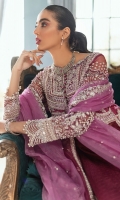 Delicately embellished long open shirt in the most intimidating hue of bright magenta is all one needs to look chic and glamorous. Crafted on pure silk organza, this open shirt is paired with a crushed raw silk sharara for the ultimate classy look. Instricate handwork all over the shirt adds all the needed oomph to DIANA. Pair is with a contrasting hand embellished organza dupatta for a complete look.