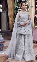 -Embroidered and hand embellished front yoke (net) -Embroidered and sequinned back yoke (net) -Pani embroidered and sequinned sleeves (net) -Embroidered and sequinned net for peplum -Pani embroidered and sequinned lehnga front (net) -Embroidered and sequinned lehnga back (net) -Pani embroidered and sequinned patti for panel inserts (net) -Pani embroidered and sequinned organza border -Pani embroidered and sequinned lace for finishing (organza) -Sequinned and pearl embellished ready to wear net dupata -Dyed jamawar lehnga -Pearls for finishing