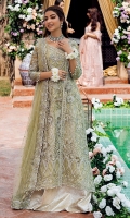 -Embroidered and hand embellished front yoke (net) -Sequinned back yoke (net) -Pani embroidered and sequinned sleeves (net) -Pani embroidered and sequinned net for front and back -Pani embroidered and sequinned border (organza) -Pani embroidered lace for finishing (organza) -Pani embroidered and sequinned lace for front and back yoke belt (organza) -Hand made tassels -Jamawar lehnga -Pani embroidered and sequinned net dupata -Embroidered and sequinned lace for dupata -Pearls for finishing