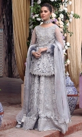 -Embroidered and hand embellished front yoke (net) -Embroidered and sequinned back yoke (net) -Pani embroidered and sequinned sleeves (net) -Embroidered and sequinned net for peplum -Pani embroidered and sequinned lehnga front (net) -Embroidered and sequinned lehnga back (net) -Pani embroidered and sequinned patti for panel inserts (net) -Pani embroidered and sequinned organza border -Pani embroidered and sequinned lace for finishing (organza) -Sequinned and pearl embellished ready to wear net dupata -Dyed jamawar lehnga -Pearls for finishing