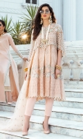 - Chikan embroidered cotton net for front and back - Embroidered floral border for shirt - Chikan embroidered shirt border - Heavily embroidered and hand embellished dupatta palu(which can be used as a cape) - Embroidered and pearl embellished pati for finishing - Cotton silk slip - Cotton trousers - Embroidered net dupatta - Crystals for finishing