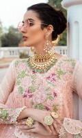 - Chikan embroidered and pani embellished lawn for front and back - Embroidered and hand embellished neckline - Dyed sleeves - Chikan embroidered border for front and back - Lace for finishing - Embroidered 3 D flowers - Cross stitch embroidered net dupata with chikan borders - Pearls for finishing - Cotton trousers