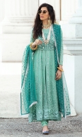 - Embroidered and pani embellished cotton net for front and back - Dyed cotton net sleeves - Embroidered and pani embellished motifs for sleeves - Embroidered and hand embellished organza jacket front - Embroidered organza jacket back with pani - Pani embroidered lace for shirt finishing - Embroidered border for front and back - Embroidered organza dupatta - Cotton silk slip - Cotton trousers - Kirin lace for dupatta