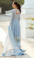 - Chikan embroidered and pearl embellished lawn front - Chikan embroidered lawn for back and side panels - Hand embellished neckline - Chikan embroidered sleeves - Embroidered and pearl embellished front yoke - Embroidered back yoke - Chikan embroidered border 1 for front and back - Chikan embroidered border 2 for front and back - Embroidered organza dupata with chatta Patti borders - Embroidered trouser lace - Cotton trousers