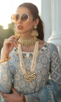 - Chikan embroidered and pearl embellished lawn front - Chikan embroidered lawn for back and side panels - Hand embellished neckline - Chikan embroidered sleeves - Embroidered and pearl embellished front yoke - Embroidered back yoke - Chikan embroidered border 1 for front and back - Chikan embroidered border 2 for front and back - Embroidered organza dupata with chatta Patti borders - Embroidered trouser lace - Cotton trousers